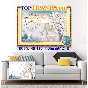 Tranh gắn đá đồng hồ con hươu